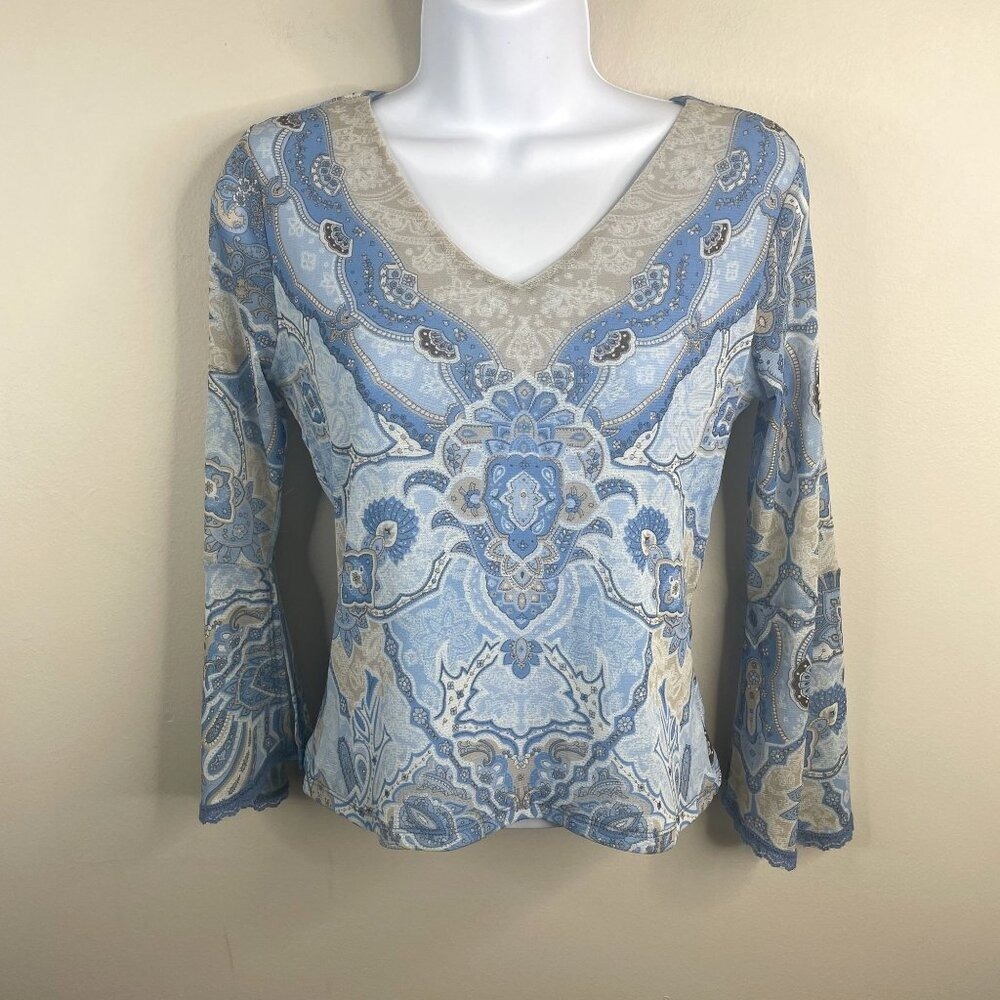 Vintage Y2K Boho Lace Trim Mesh Top Womens PS Flare Sleeve Mosaic AOP Feminine